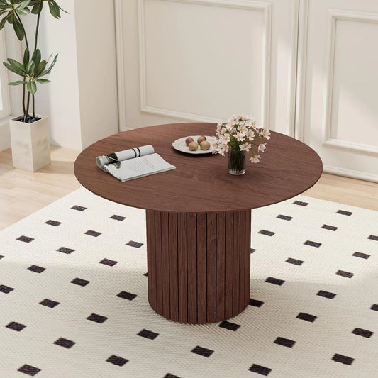 Table ¨¤ Manger Ronde en Bois de Style Moderne, Design Wabi-Sabi, Finition Bois Marron Clair, Base Cylindrique, 120 x 120 x 76 cm