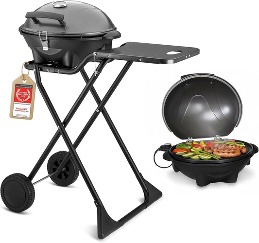 Gril ¨¦lectrique 2 en 1 pour table et sol 2400W - BBQ pliable avec couvercle et chariot, id¨¦al pour balcon et terrasse