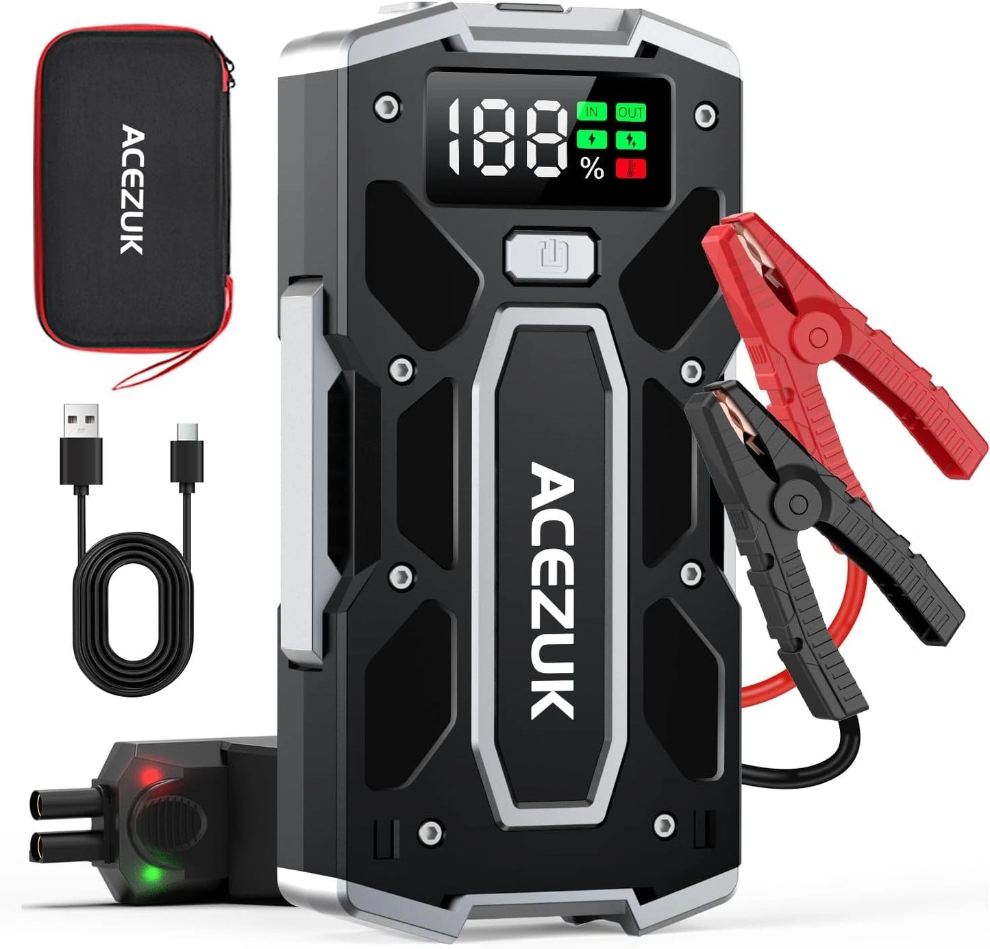 ACEZUK D¨¦marreur de Voiture Portable 9000A, Booster Batterie pour Moteurs Diesel jusqu'¨¤ 8.0L et Essence jusqu'¨¤ 10.0L, 12V avec Pinces S¨¦curis¨¦es, ¨¦cran LED et Port QC3.0