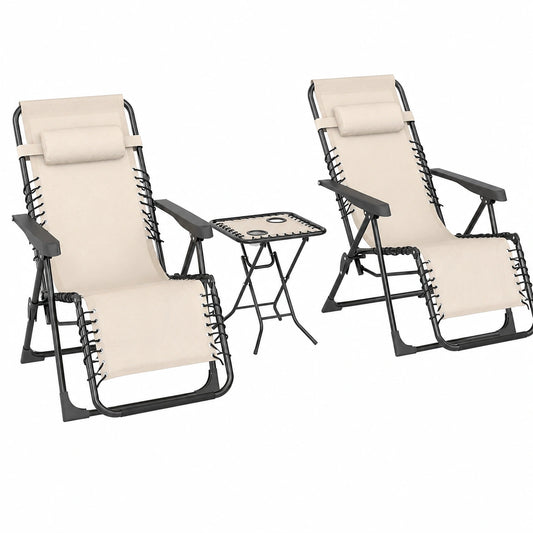 Ensemble 2 chaises longues pliables avec table d'appoint, fauteuil de jardin inclinable avec porte-gobelets et appuie-tête, capacité 120 kg, beige
