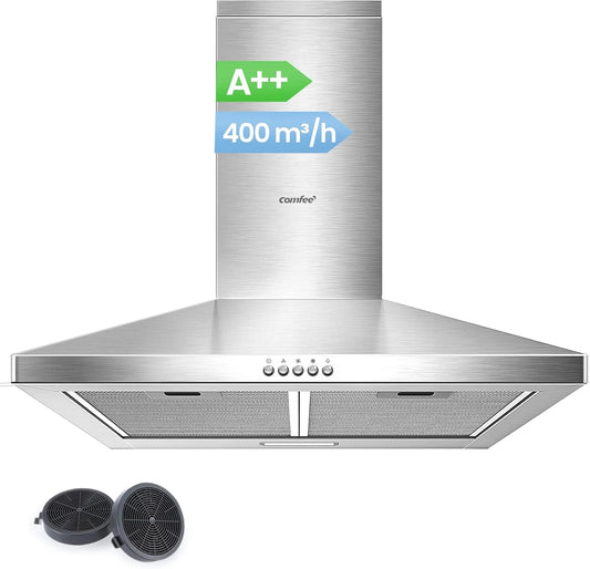 Hotte Aspirante 60 cm A++ COMFEE' avec Filtre ¨¤ Charbon et Graisse Lavable, 400 m3/h, Chemin¨¦e Ajustable, Argent¨¦