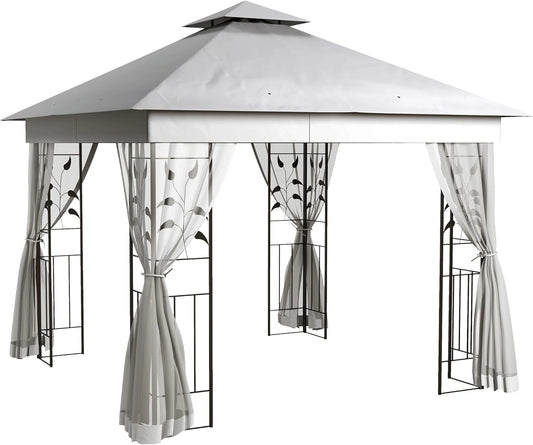 Pavillon de Jardin Outsunny 3x3m avec Double Toit et Moustiquaire, Imperm¨¦able et R¨¦sistant, Structure en Acier pour Terrasse