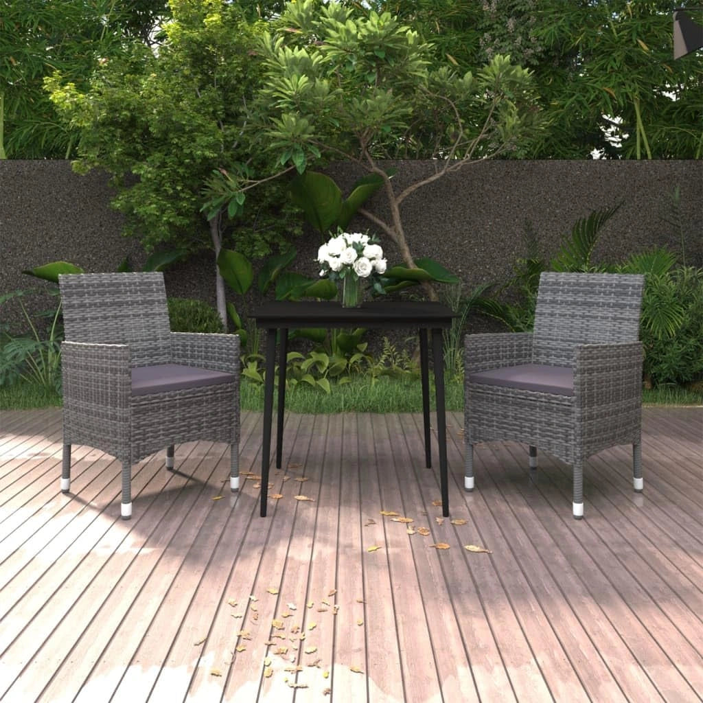 Set de Salle ¨¤ Manger Ext¨¦rieur 3 Pi¨¨ces en R¨¦sine Tress¨¦e Grise avec Coussins, Table en Verre Noir pour Terrasse et Jardin