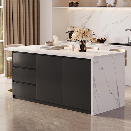 ?lot de Cuisine Moderne 183 cm Blanc avec Rangement, 3 Tiroirs, 2 Portes et 6 ¨¦tag¨¨res, Bois R¨¦sistant ¨¤ l'Eau