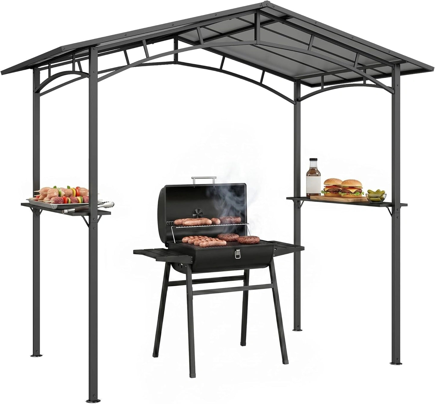 Abri de Jardin pour Barbecue 2,5x1,5m - Toit Polycarbonate - 2 ¨¦tag¨¨res - Structure M¨¦tallique Noire