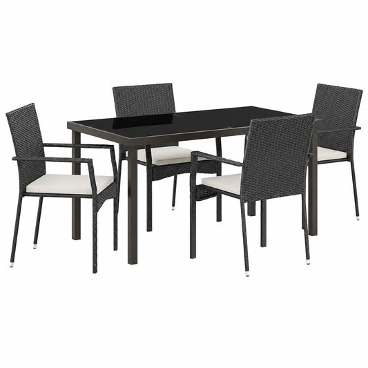 Mobilier de Jardin 5 Pièces en Résine Tressée avec Table en Verre et Coussins
