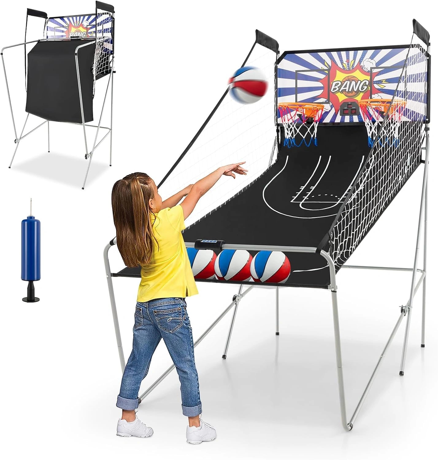 COSTWAY Jeu d'Arcade de Basketball pour Famille ¨C Pliable, 2 Paniers, 4 Ballons et Pompe, Syst¨¨me de Score, 8 Modes de Jeu