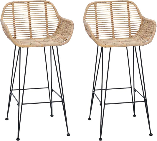 Lot de 2 Tabourets de Bar en Rotin et M¨¦tal avec Accoudoirs