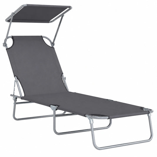 Chaise Longue Pliable avec Dossier Inclinable et Pare-Soleil Réglable - Gris