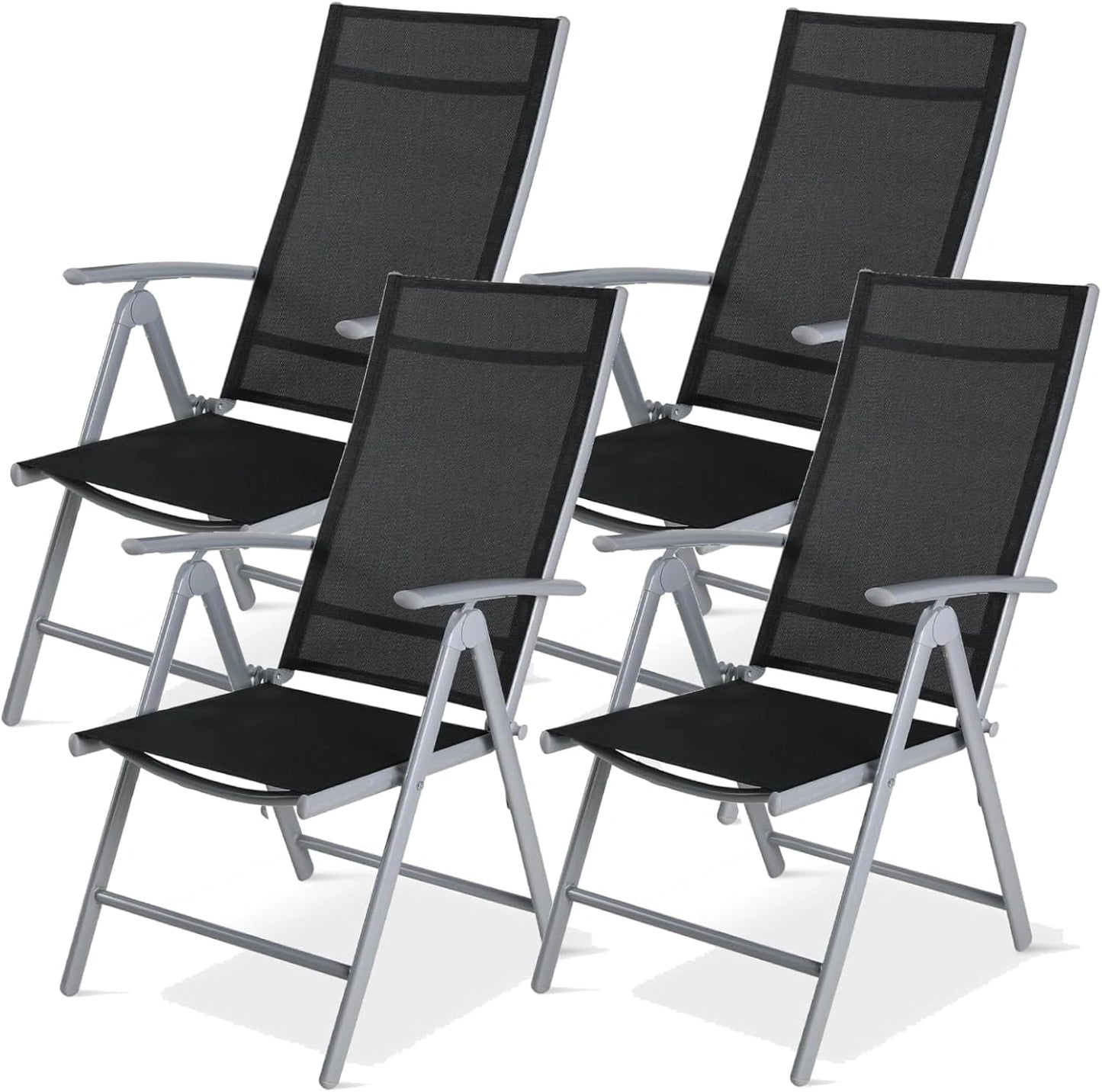 Chaises de Jardin Pliantes en Aluminium avec Accoudoirs, Lot de 4, Dossier R¨¦glable 7 Positions, R¨¦sistantes aux Intemp¨¦ries, Couleur Gris Argent