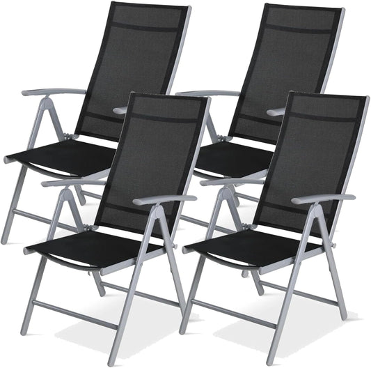 Chaises de Jardin Pliantes en Aluminium avec Accoudoirs, Lot de 4, Dossier R¨¦glable 7 Positions, R¨¦sistantes aux Intemp¨¦ries, Couleur Gris Argent