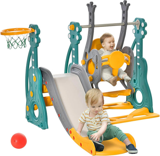Aire de Jeux 4 en 1 pour Enfants avec Toboggan, Balan?oire et Panier de Basket - Int¨¦rieur/Ext¨¦rieur, Bleu/Jaune