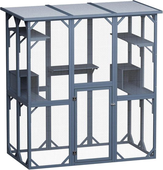Grand Enclos Ext¨¦rieur pour Chats en Bois avec Toit Asphalte et Plateformes Multiples - Habitat et Aire de Jeux