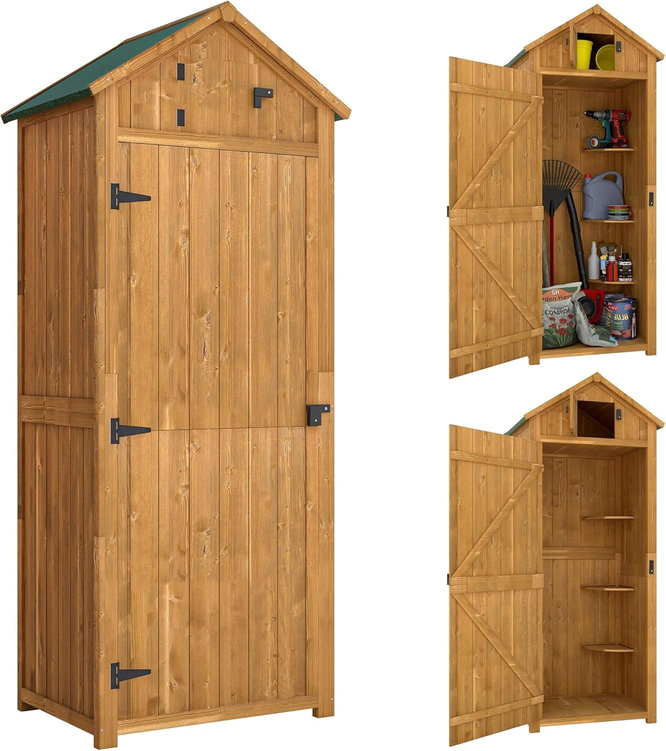 Abri de Jardin en Bois Outsunny avec Toit en Pente et Loquets, 3 ¨¦tag¨¨res de Rangement, 2 Portes, 77 x 54 x 179 cm