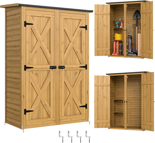 Abri de Jardin en Bois avec ¨¦tag¨¨res et Portes Double, Armoire ¨¤ Outils Ext¨¦rieure Marron