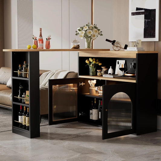 Table de bar moderne avec rangement int¨¦gr¨¦ et portes en verre, rotation 360¡ã, ¨¦tag¨¨res ajustables, id¨¦ale pour cuisine ou bar maison