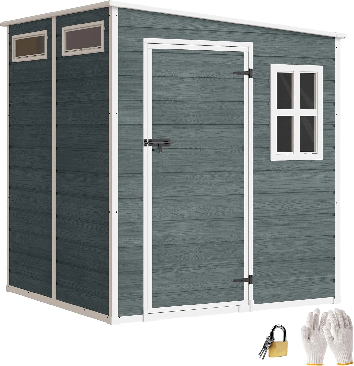 Abri de Jardin R¨¦sistant en R¨¦sine avec Plancher et Fen¨ºtres, Structure Aluminium, 182x182x183 cm, Gris Effet Bois