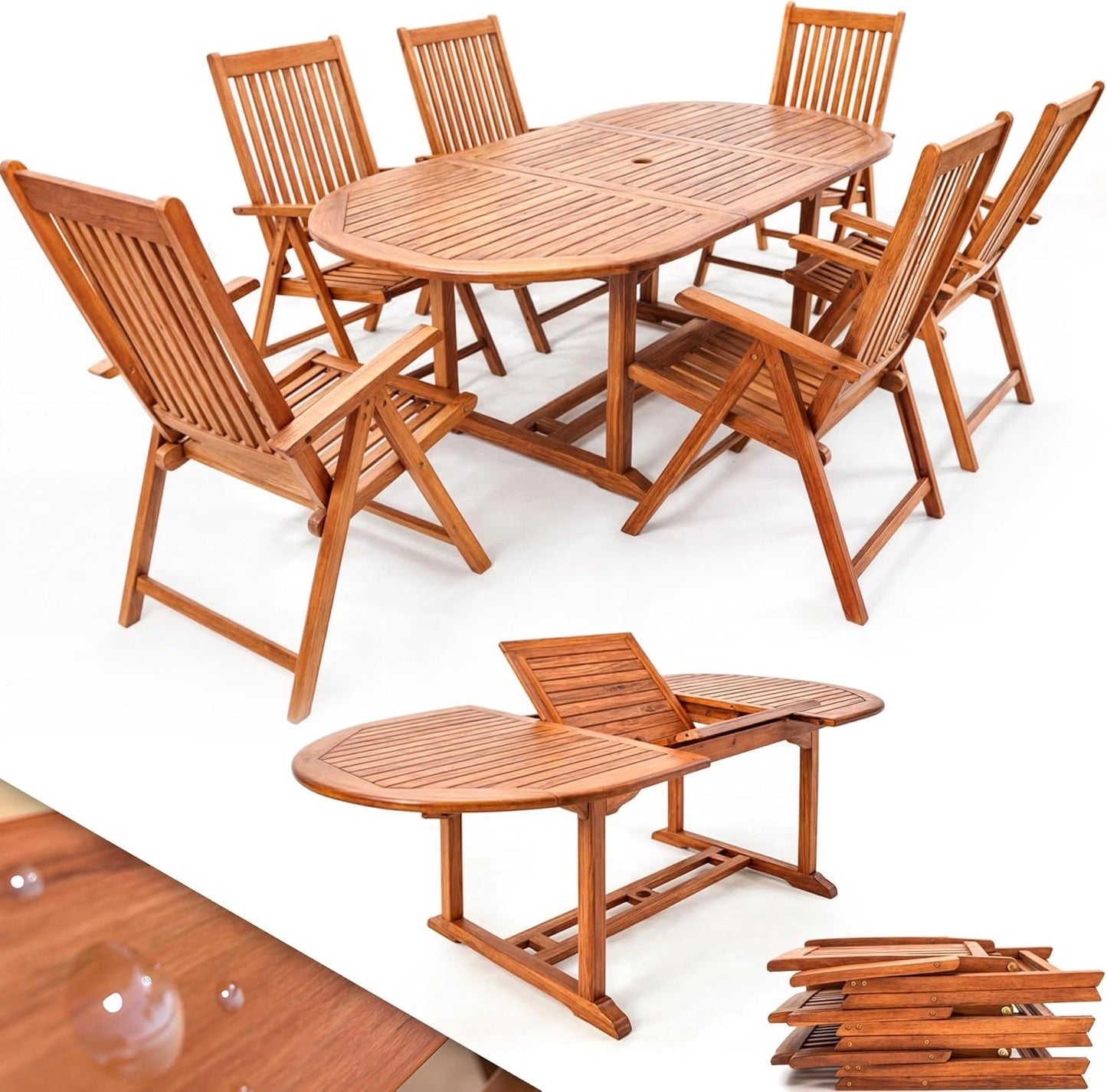 Ensemble de Jardin Ext¨¦rieur Casaria - Table Extensible 200 cm et 6 Chaises en Bois d'Eucalyptus FSC avec Accoudoirs - R¨¦sistant aux Intemp¨¦ries et Pliable