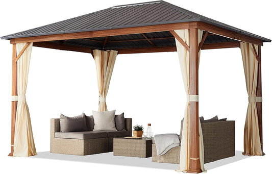 Pavillon de Jardin 3x4m avec Toit en Acier et Parois Lat¨¦rales, Imitation Bois, Couleur Champagne
