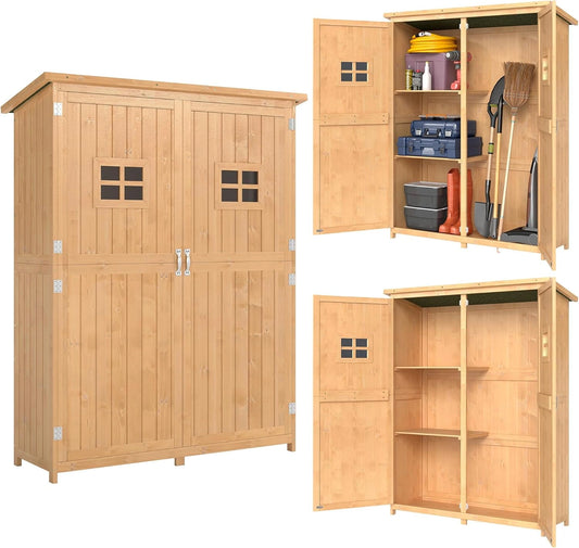 Abri de Jardin en Bois Massif avec ¨¦tag¨¨res et Portes, 127,5 x 50 x 164 cm, Toit ¨¦tanche