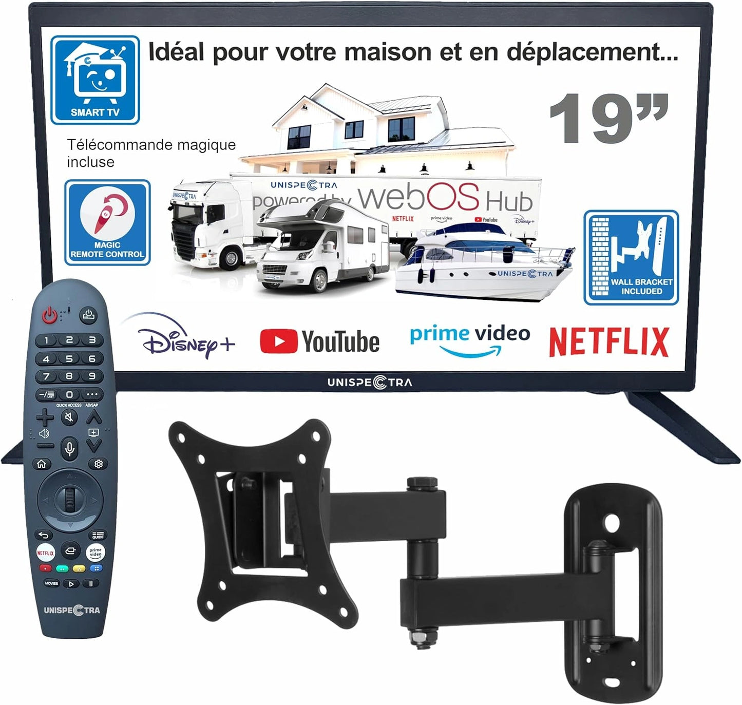 T¨¦l¨¦viseur Intelligent 19 webOS ELED avec T¨¦l¨¦commande Magique, Compatible 12V/230V/24V, HDR, TNT et Tuner Satellite, Id¨¦al pour Camping-cars et Bateaux