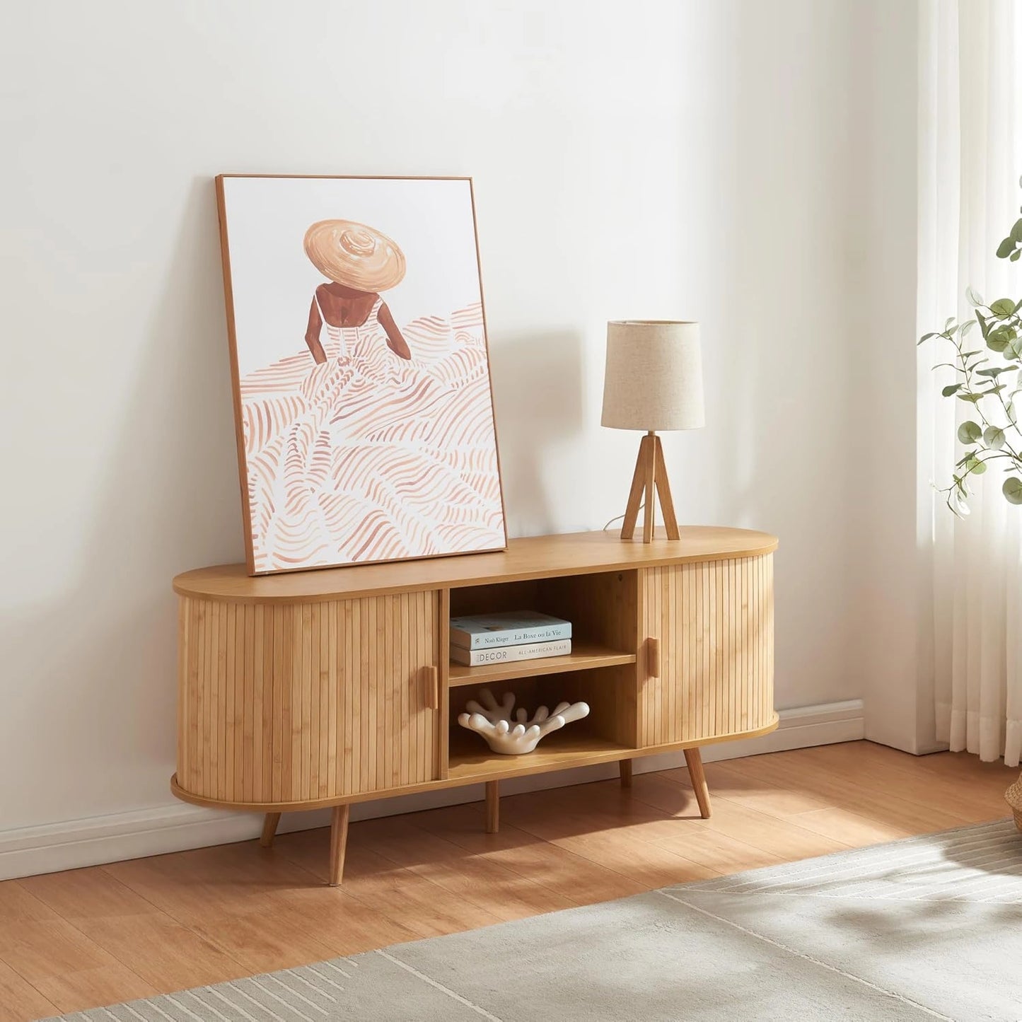 Buffet Scandinave en Bambou avec Portes Coulissantes et ¨¦tag¨¨res pour Salon ou Bureau
