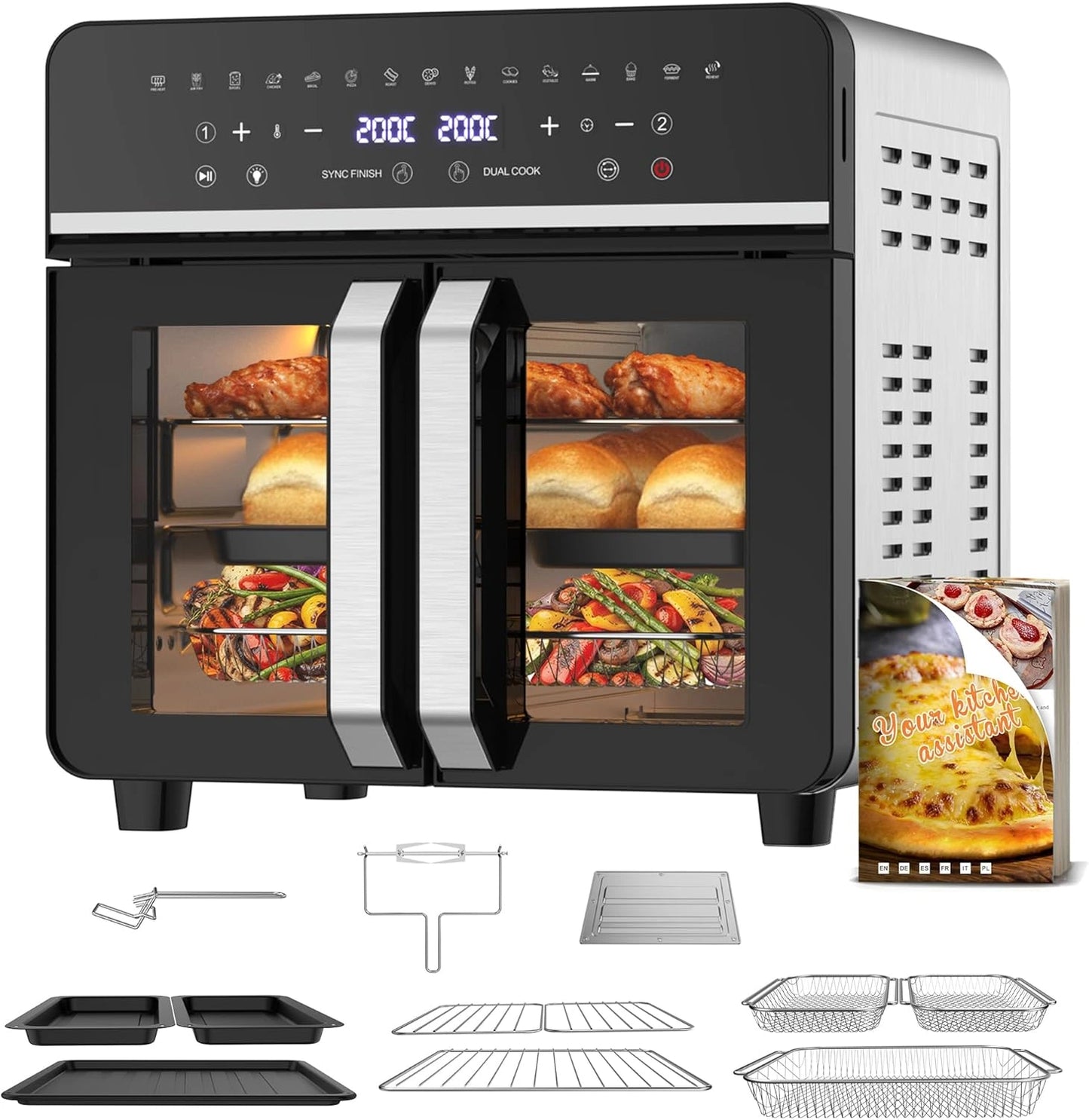 Grande Friteuse ¨¤ Air 23L avec Portes, 2600W, Double Cuisson, Commandes Tactiles, 15 Programmes