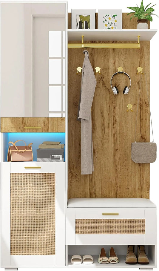 Ensemble d'Entr¨¦e avec Miroir et Banc de Rangement ¨¤ Chaussures, Vestiaire ¨¤ Crochets M¨¦talliques, ¨¦tag¨¨res Verticales avec ¨¦clairage LED (Bois et Blanc)