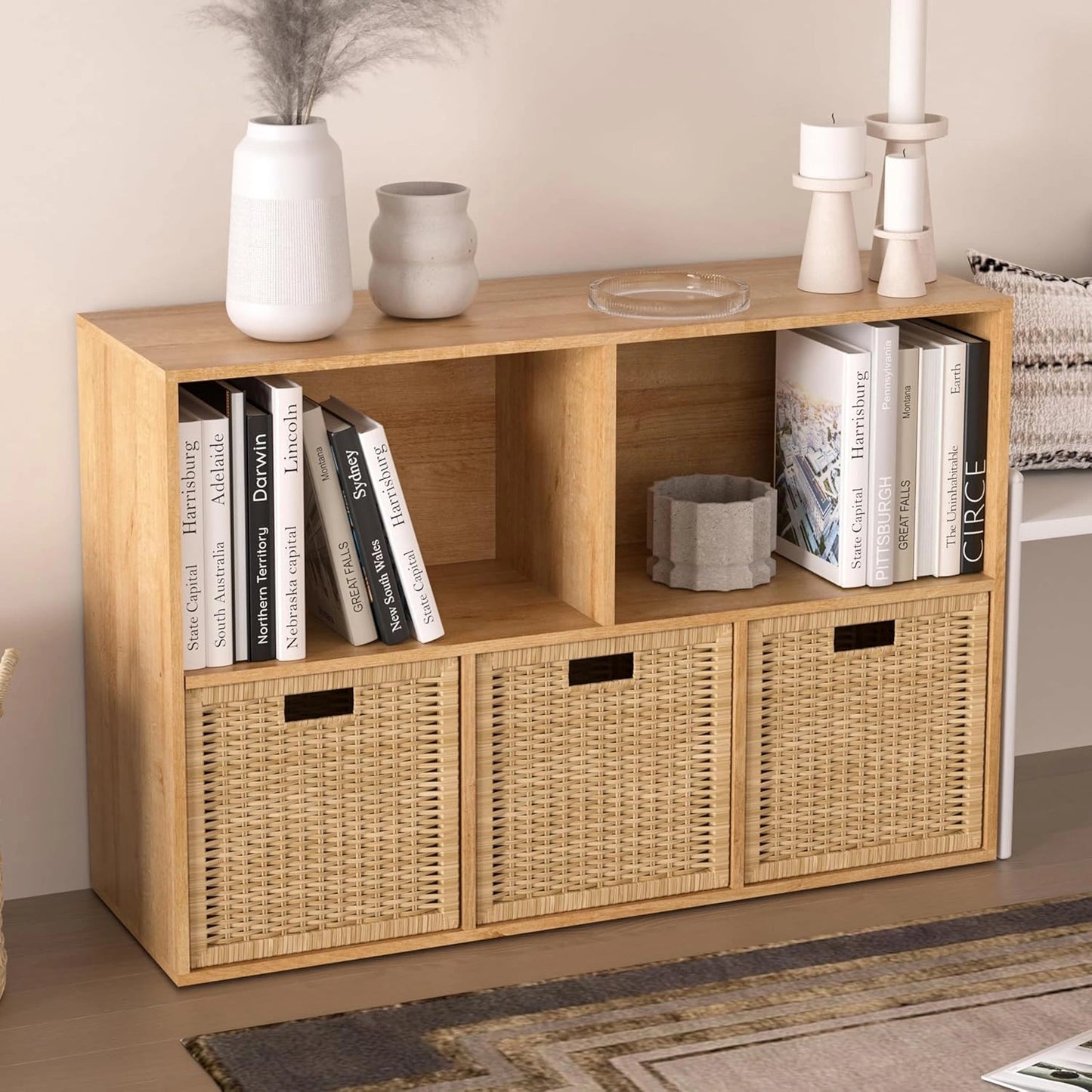 Biblioth¨¨que en Ch¨ºne avec 5 Cubes et Fond Ferm¨¦, Montage Simplifi¨¦