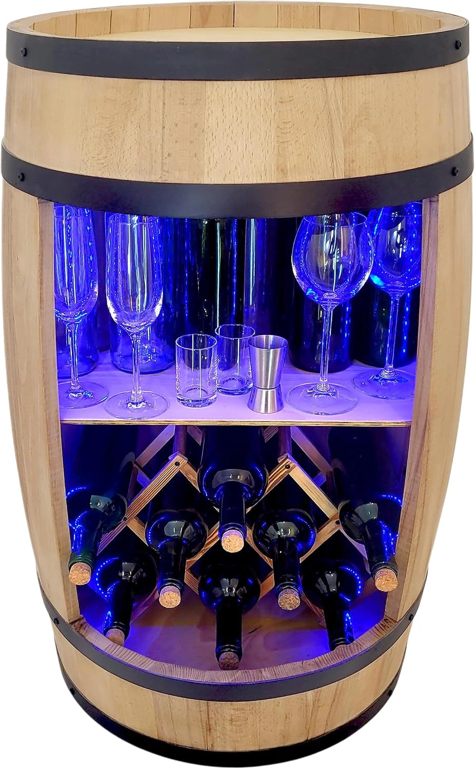 Buffet de Bar Tonneau en Bois avec Casier ¨¤ Vin Pliant et ¨¦clairage LED RGB ¨C Meuble Rustique avec Rangement pour Bouteilles ¨C 2 ¨¦tag¨¨res ¨C 80x50cm Ch¨ºne Clair