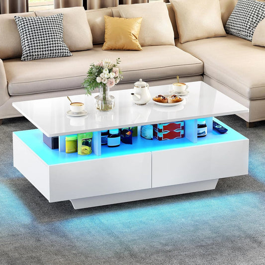Table Basse Moderne ¨¤ LED avec Tiroirs et ¨¦tag¨¨re Ouverte pour Salon - Haute Brillance