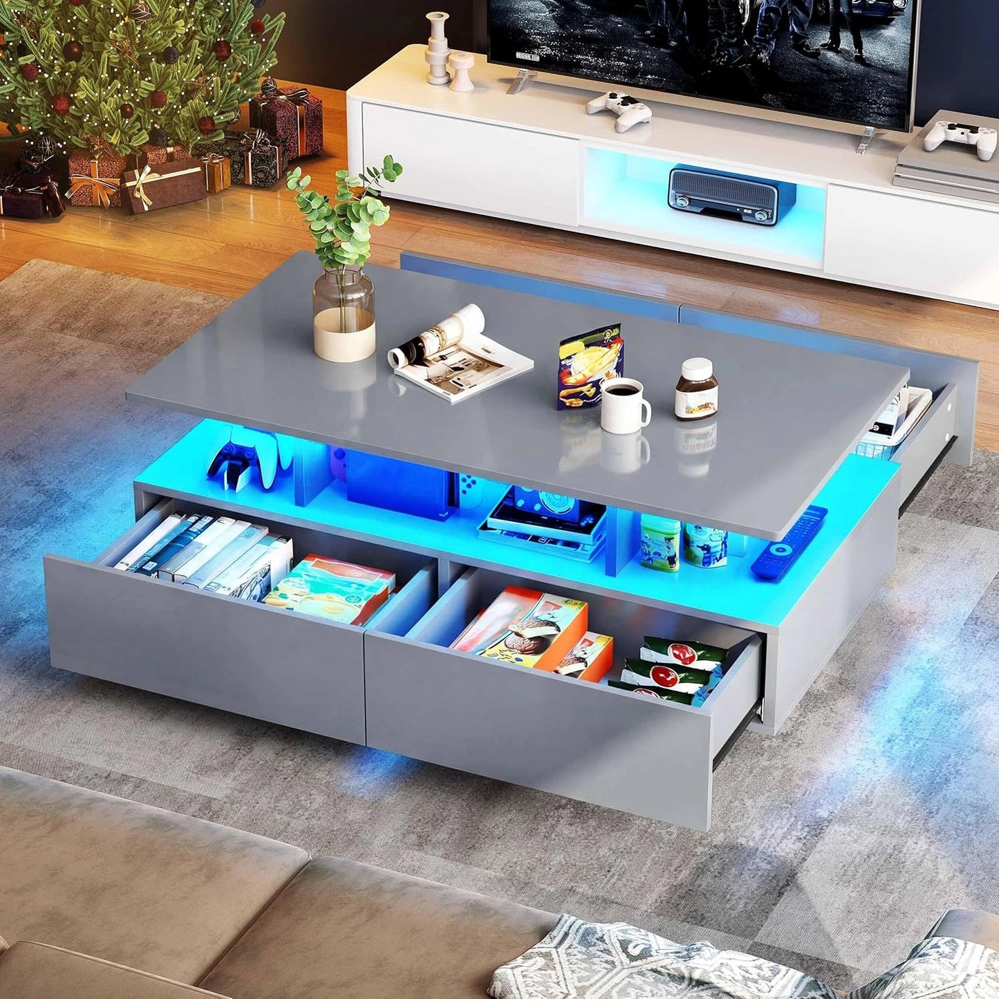 Table Basse Moderne Grise avec LED 16 Couleurs, ¨¦tag¨¨re Ouverte et Tiroirs, 90x55x41.1 cm