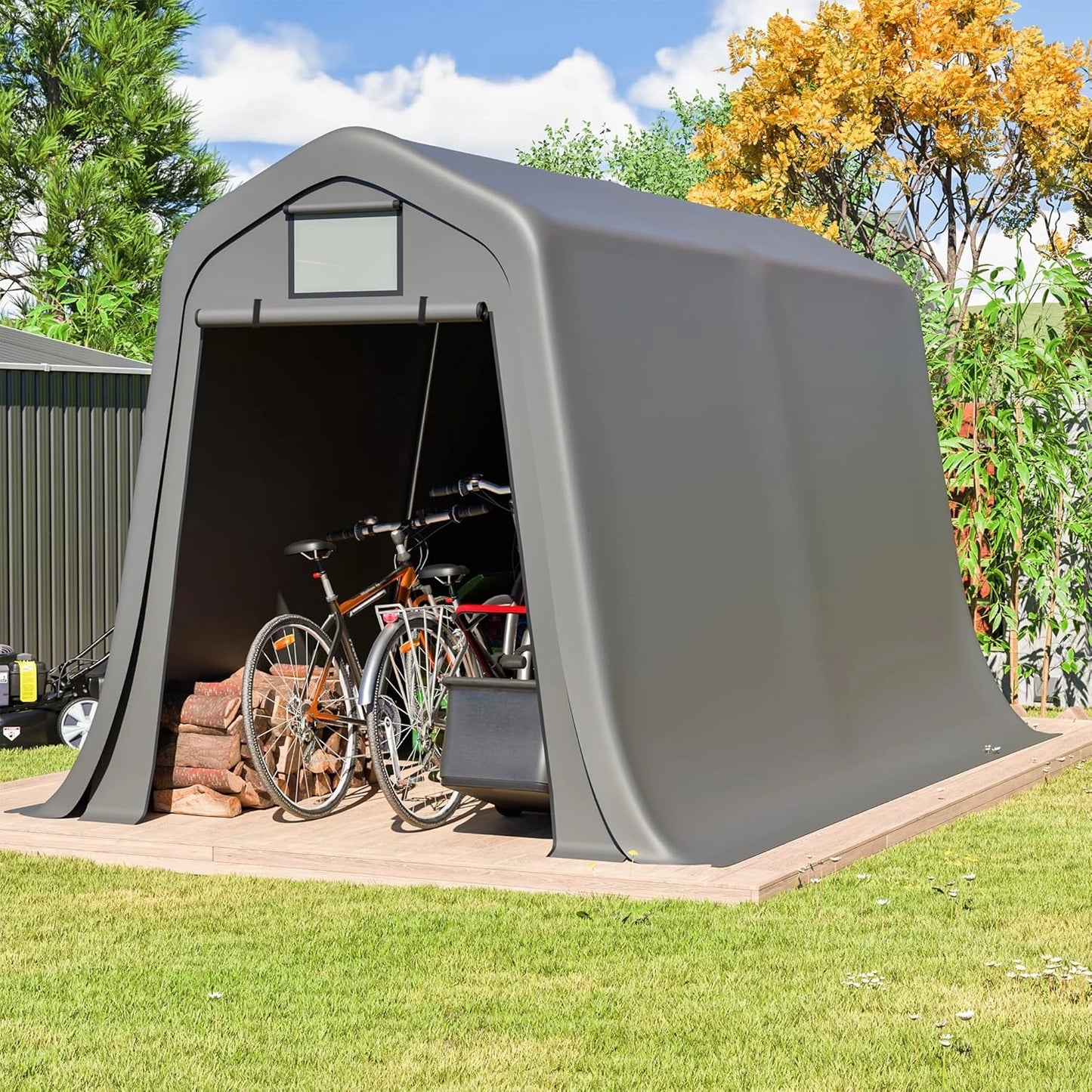 Grand Abri de Jardin en M¨¦tal avec Porte Enroulable, 366 x 213 x 225 cm, R¨¦sistant UV, Structure en Acier Galvanis¨¦ pour Moto, V¨¦los, Outils