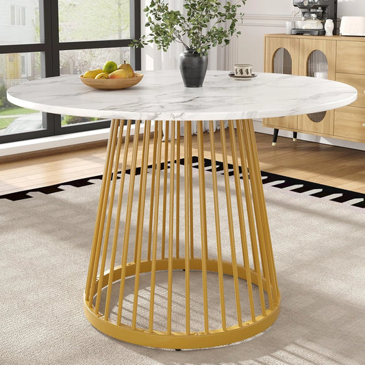 Table Ronde en Marbre Blanc avec Pieds Dor¨¦s pour Salle ¨¤ Manger, 80 cm - Design Moderne pour 4 Personnes