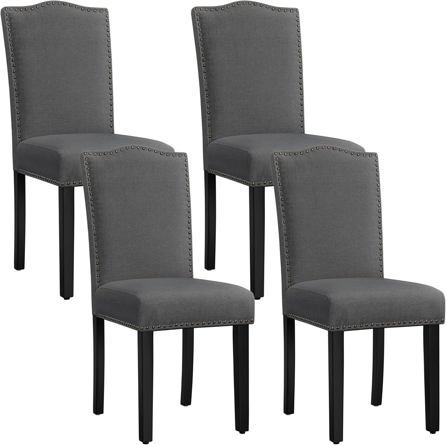 Ensemble de 4 chaises de salle ¨¤ manger avec dossier haut et boutons d¨¦coratifs bronze, chaises en tissu pour cuisine, salon, pieds en bois, gris fonc¨¦