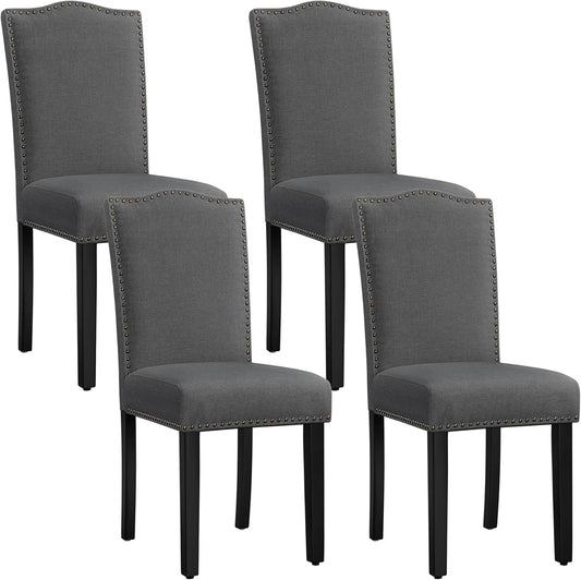 Ensemble de 4 chaises de salle ¨¤ manger avec dossier haut et boutons d¨¦coratifs bronze, chaises en tissu pour cuisine, salon, pieds en bois, gris fonc¨¦